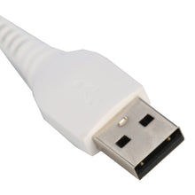 White Lightning cable with USB-A plug end and metal contacts close-up.