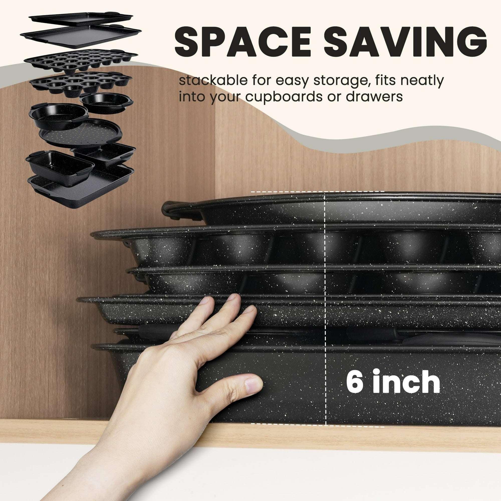 Kikcoin Bakeware Set, 21-Piece Baking Pans Set Kitchen Carbon Steel Baking Sheet Pans with Silicone Handles, Cookie Sheets Nonstick(Beige)