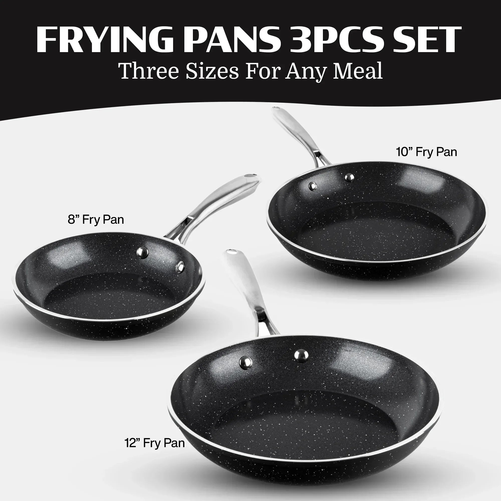 Granitestone 3 Pc Nonstick Frying Pan Set, 8" 10" 12" Frying Pans, Easy Clean Ceramic Frying Pan, Egg Omelet Pan Set, Oven & Dishwasher Safe Skillet, Black