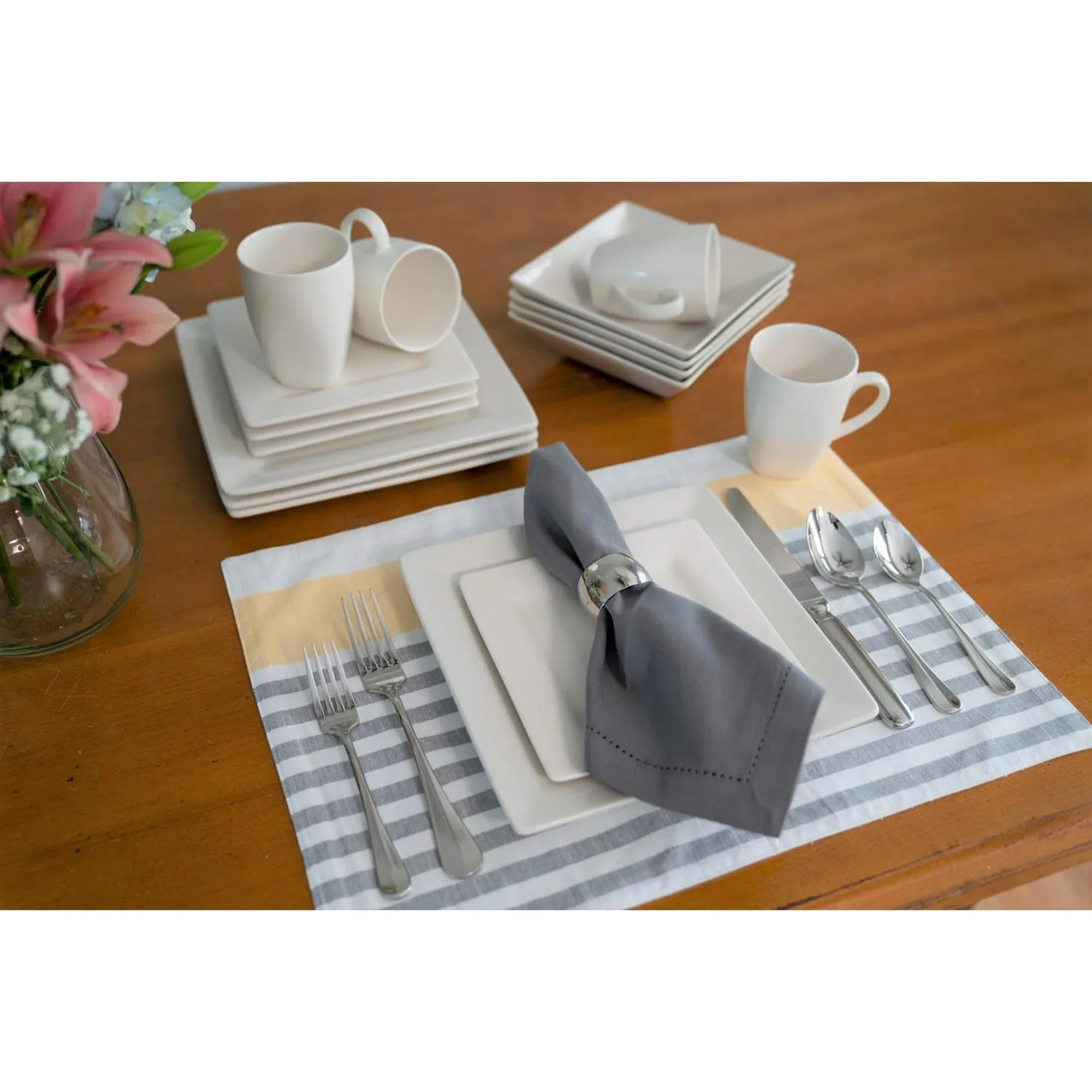 10 Strawberry Street Nova Square 16-Piece Stoneware Dinnerware Set, Cream/White