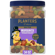 Mixed nuts jar with blue Deluxe Salted label and clear container, 34 oz