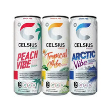Celsius sparkling energy cans: Peach Vibe, Tropical Vibe, Arctic Vibe