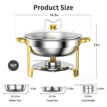 5qt stainless chafing dish with glass lid and gold base stand, round warmer pan