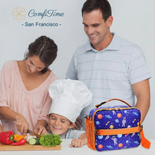 Insulated kids lunch bag with purple space print, orange trim, front zipper pocket