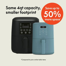 Two 4 qt air fryers side-by-side, dark and Surf blue, with compact size comparison
