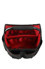Tool tote organizer with open top, red liner, internal sleeves and molded handle.