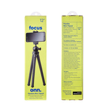 onn flexible mini-tripod package showing tripod with mounted phone and 12-inch caption