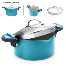 Aqua blue pasta pot with glass lid and twist-lock handles, strainer insert detail
