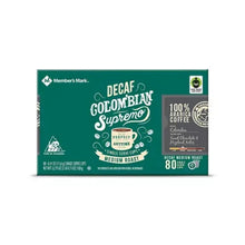 Member'S Mark decaf Colombian coffee pods box, medium roast, 80 count