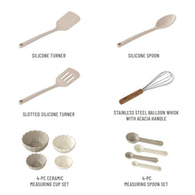Beige silicone turner, spoon, slotted turner, silicone measuring cup and spoon set