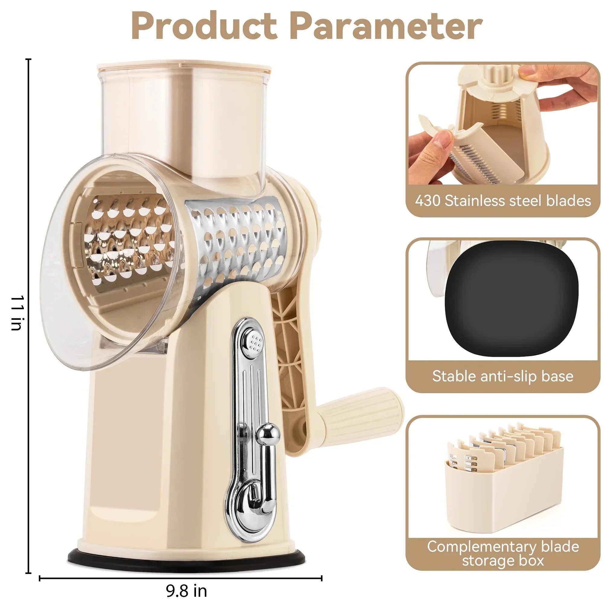 Pukomc Rotary Cheese Grater with Handle- 5 Blades, Suction Base, Mandoline Slicer & Veg Shredder with Blade Storage Box - USA MEGA SHOP
