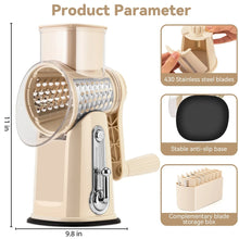 Beige rotary cheese grater with stainless-steel blades, suction base, and storage box