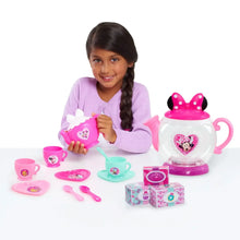 Preschool play tea set teapot with Minnie Mouse heart, cups, plates, and accessory cubes