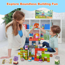 Magnetic building blocks standing tower with character cube designs and stacked bricks