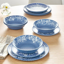 Blue floral melamine dinnerware set: scalloped bowls and plates with daisy design