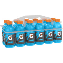 Cool Blue sports drink bottles, orange caps, 12-pack carrier with bottles visible