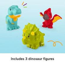 Set of 3 dinosaur figures in teal, red, and bright green with molded details