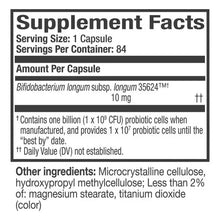 Supplement Facts panel for probiotic capsules, serving size 1 capsule, 84 servings