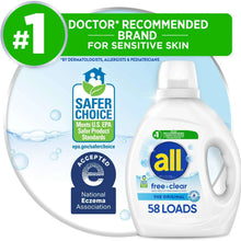 Laundry detergent bottle labeled '58 loads' with doctor recommended sensitive skin badge