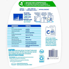 Liquid laundry detergent jug back label with ingredients and usage information