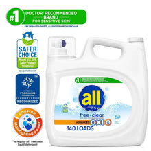Liquid laundry detergent jug with all free clear advanced OXI, 140 loads; sensitive skin badges