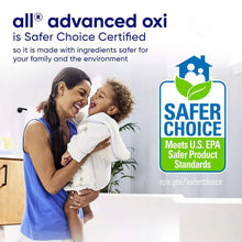 Safer Choice certified all advanced OXI detergent graphic with family use note