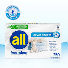 Hypoallergenic gentle on skin all free clear dryer sheets package
