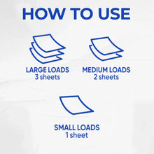 Dryer sheet load guide: large 3 sheets, medium 2 sheets, small 1 sheet