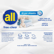 all free clear dryer sheets package with usage steps and load chart