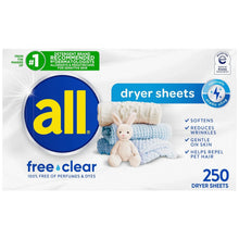 all free clear dryer sheets package with bunny and folded towels