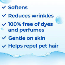 Benefits list: softens, reduces wrinkles, 100% free of dyes and perfumes