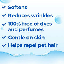 Free clear dryer sheet benefits text: softens, reduces wrinkles, gentle on skin