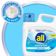 Liquid laundry detergent bottle with hypoallergenic scent no dyes badge and blue pump