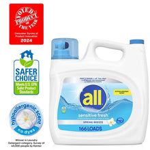 Liquid laundry detergent bottle with hypoallergenic scent and Safer Choice badges