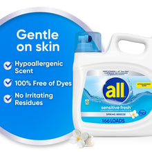Liquid laundry detergent bottle with hypoallergenic label and sensitive fresh branding