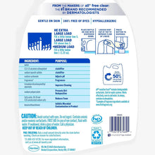 Liquid laundry detergent bottle back panel with usage directions and ingredients list