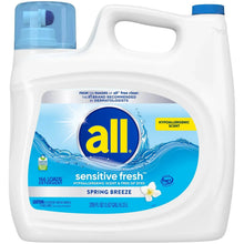 Liquid laundry detergent bottle with all sensitive fresh label and blue pump cap