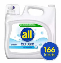Liquid laundry detergent bottle, all free clear, 166 loads, front label