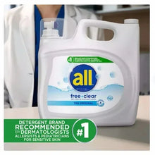 Liquid laundry detergent bottle, all free clear, front label close-up