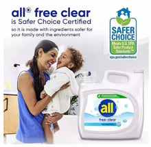 Liquid laundry detergent bottle, all free clear, Safer Choice certified badge