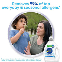 Laundry detergent bottle with 99% allergen removal claim and family image