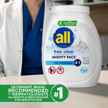 Laundry detergent pacs container front, white free clear Mighty Packs The Original