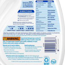 Laundry detergent pacs container back label with directions and ingredients table