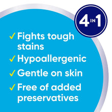 Laundry detergent benefits panel: fights tough stains, hypoallergenic, gentle, free of preservatives