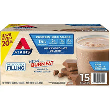 Atkins protein-rich milk chocolate shake carton showing 15 shakes