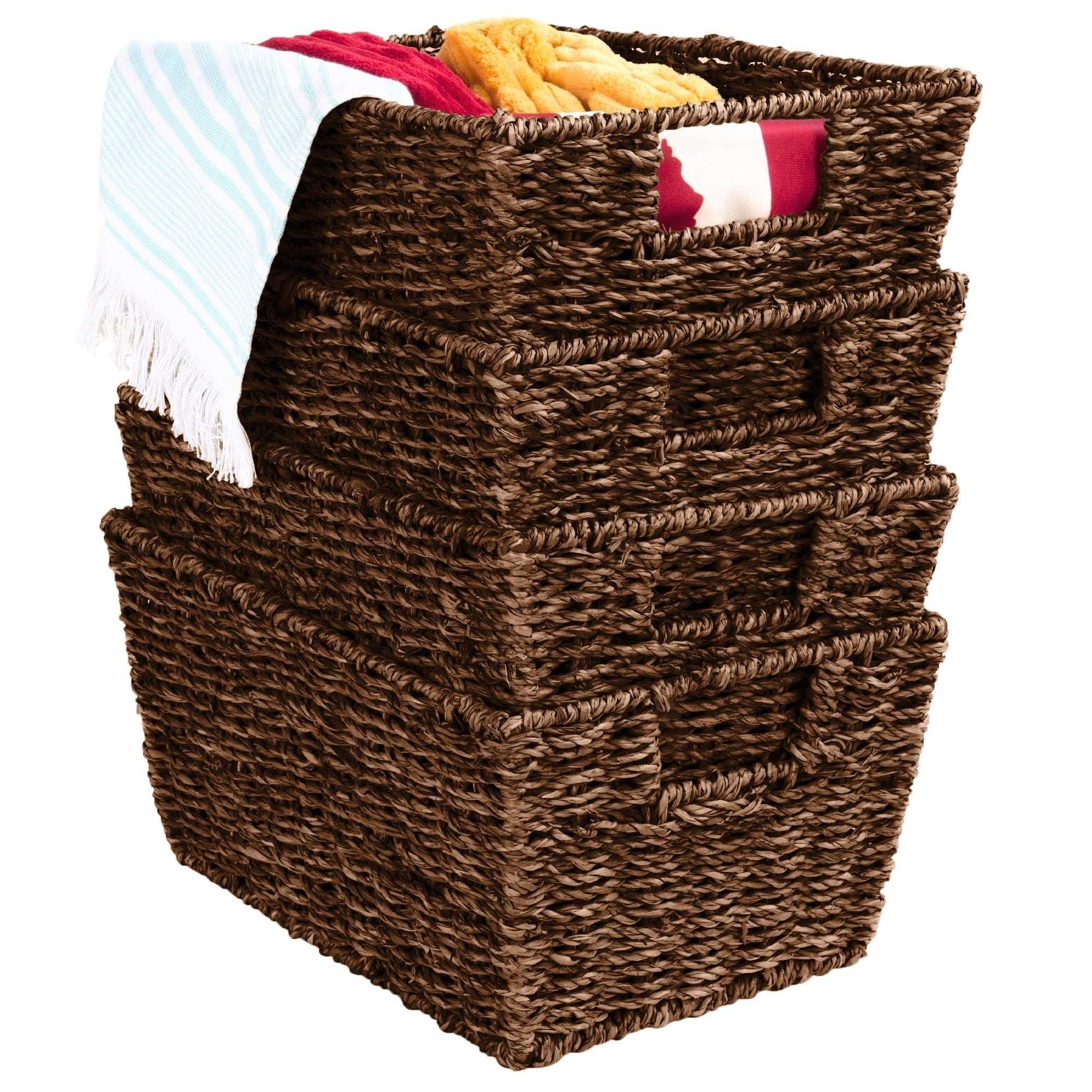 Best Choice Products Set of 4 Multipurpose Stackable Seagrass Laundry Organizer Tote Baskets w/ Insert Handles