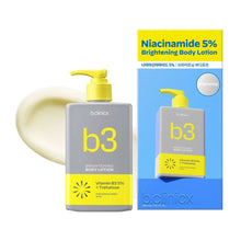 b.clinicx b3 brightening body lotion with pump and pale cream swatch, 10.1 fl oz