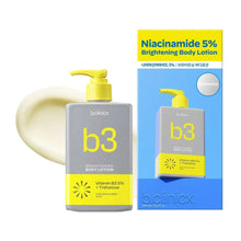 Brightening body lotion pump bottle, b3 label; pale lotion swirl on left