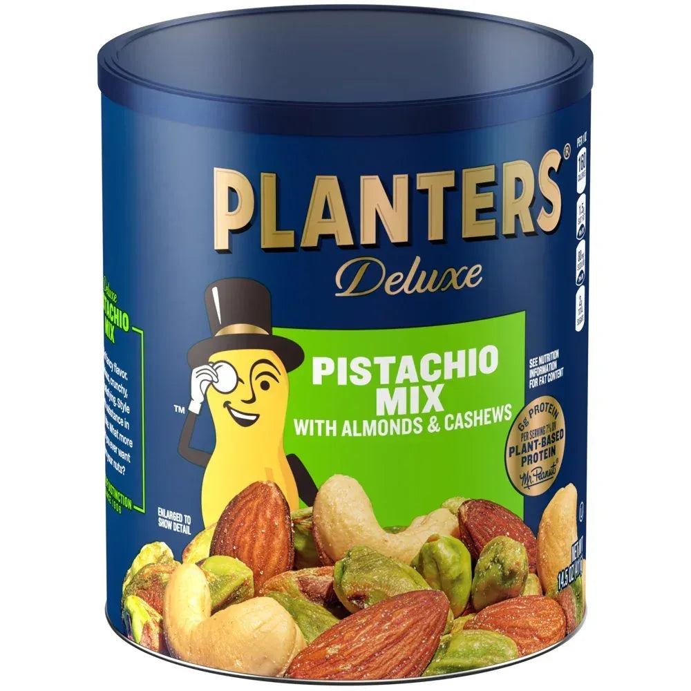 Deluxe Pistachio Mix, Party Snacks, Plant-Based Protein, 14.5 Oz Canister