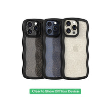 Three wavy grip phone cases with glitter-textured backs and black protective bumpers